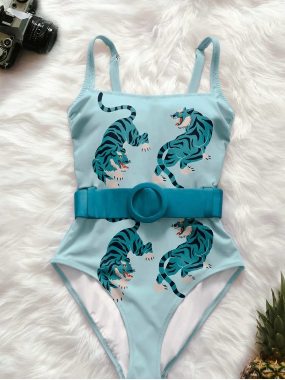 Averie Marina Belted One Piece Swimsuit Light Blue Tiger Print Women’s Size S